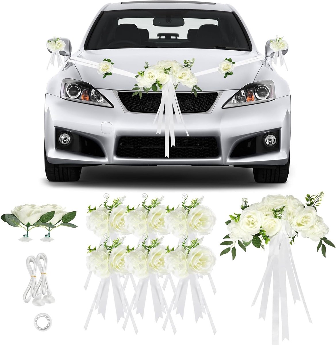 Witte Trouwauto Decoratie Set met 9 Rozen, Suction Cups en Ribbons voor Ceremonie en Receptie