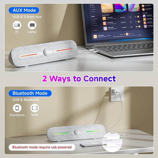 Computer Luidsprekers - USB Soundbar - Muziek Luisteren - Kleurrijke LED Effecten - 32 cm Lang - Wit — afbeelding 2