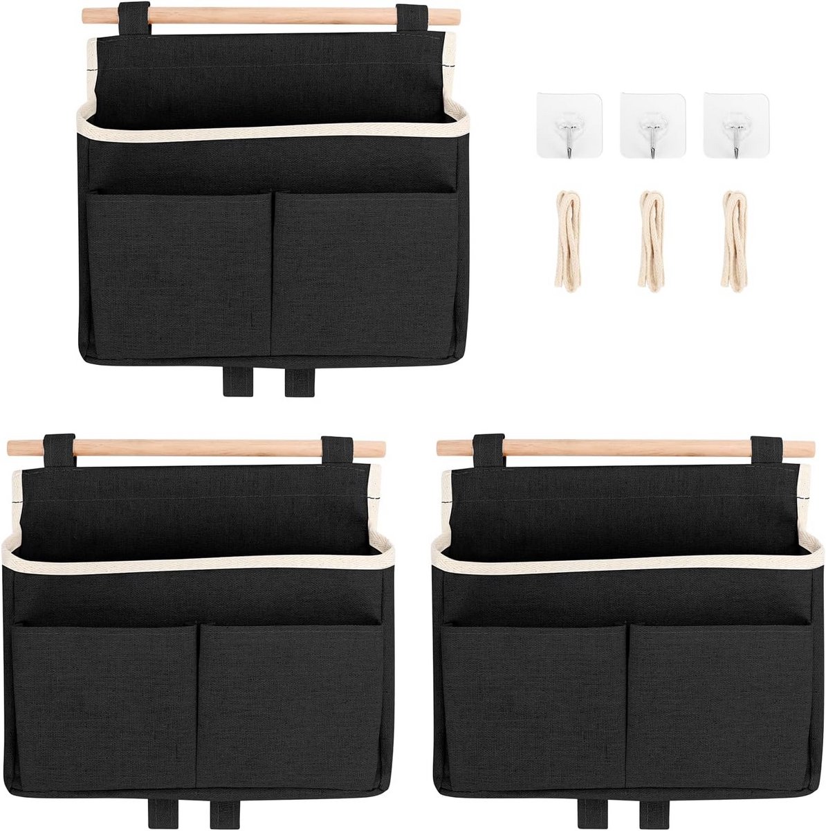 Hangende Organizer - Wandtas Opslag - Ruimte Besparen - Stabiele Houten Staaf - 3 Stuks - Zwart