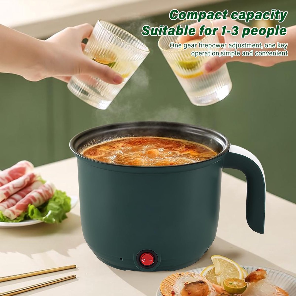 Elektrische Kookpan - Mini Multicooker - Snelle Maaltijden - Met Stoommandje - 1.5 Liter - Groen – foto 5