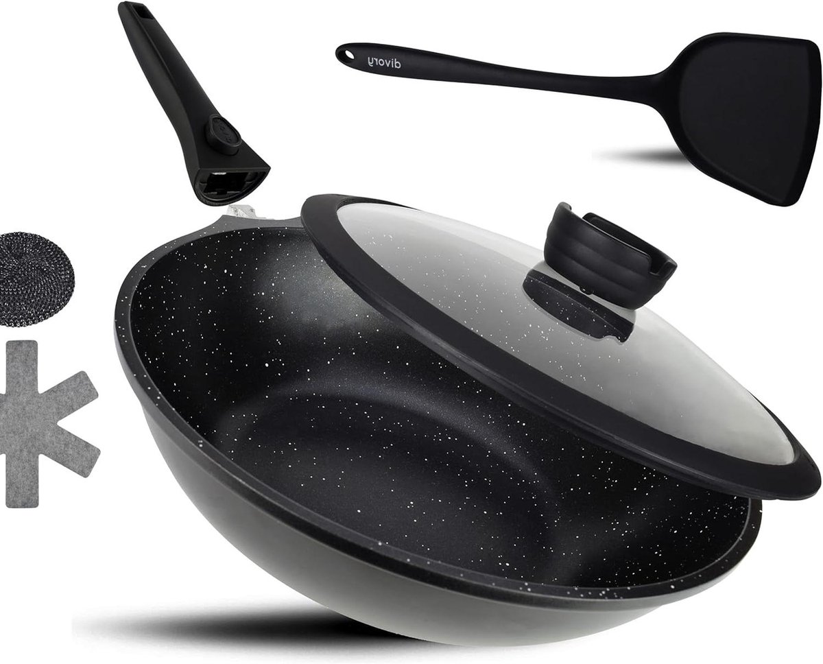 Wokpan met deksel - Koekenpan - Aziatisch koken - Verwijderbare handgreep - 30 cm - Zwart