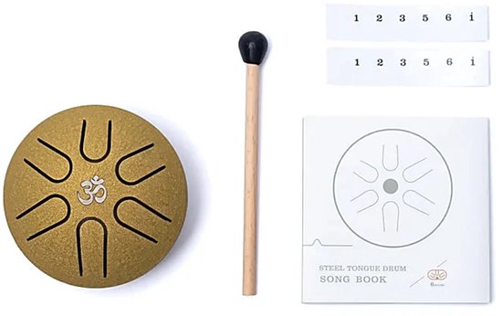Hluru Mini Panschaal / Tongue Drum - 6 Noten A Majeur - Goudkleurig - Klankschaal voor Meditatie - Inclusief Mallets & Boekje van Merkloos — afbeelding 3