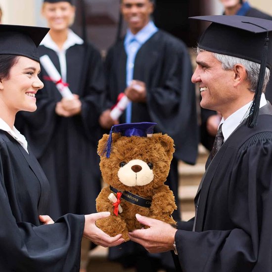 Pluche teddybeer - Afstudeerbeer knuffel - Herdenkingsdecoratie - Met diploma - 28 cm - Bruin met blauwe hoed — afbeelding 3