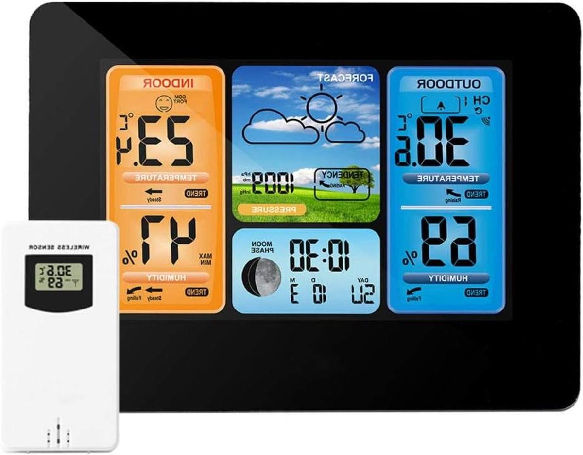 Weerstation Klok - Digitale Weerindicator - Weersvoorspelling Buiten - Draadloze Buitensensor - 7 Weer Symbolen - Zwart