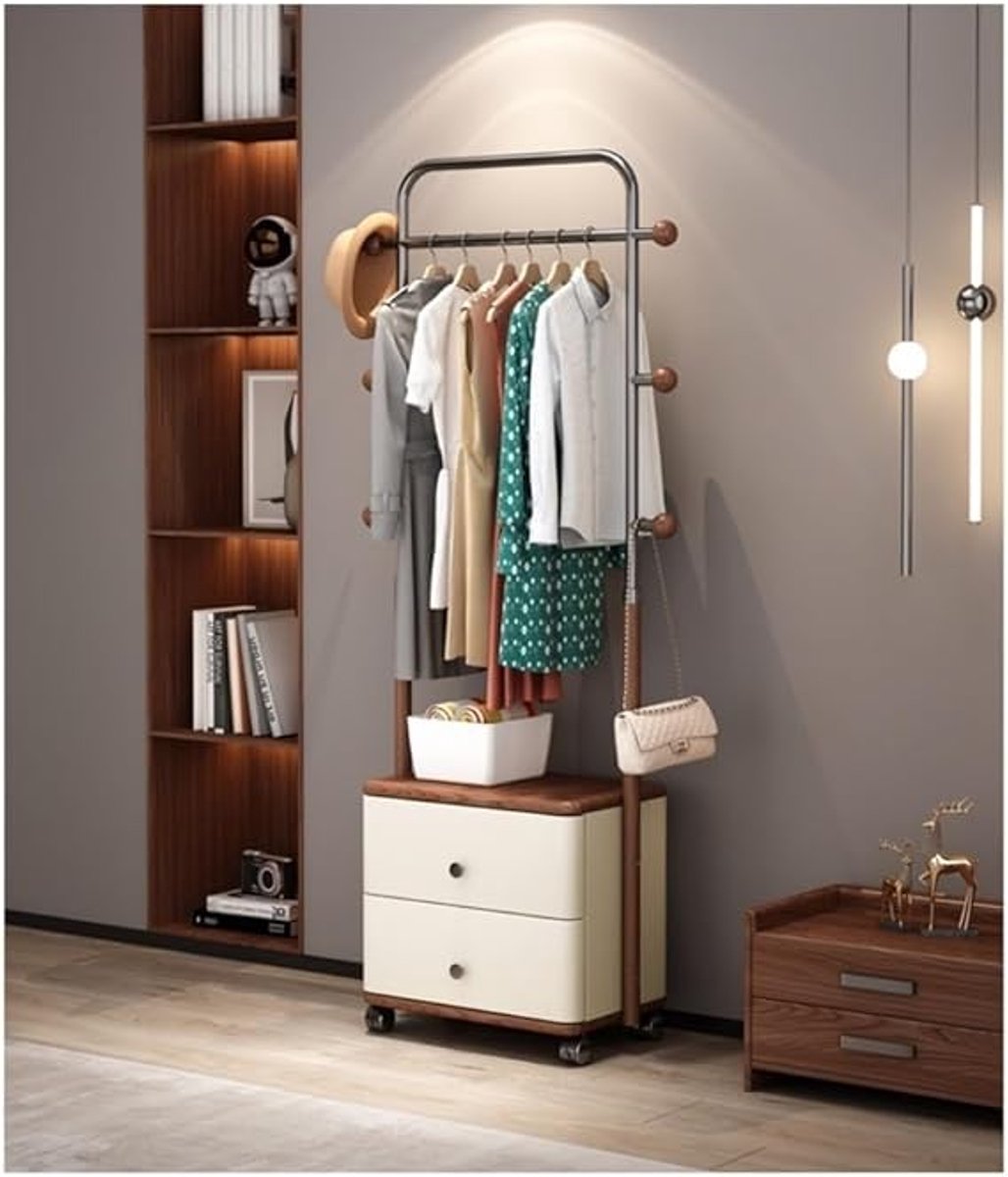 Freistehende Garderobenständer mit Schublade 10 x 10 x 10 mm – Multifunktionaler Kleiderständer aus Weißer Eiche Holz Look – Garderobe & Kleiderschrank Organizer für Flur & Wohnzimmer