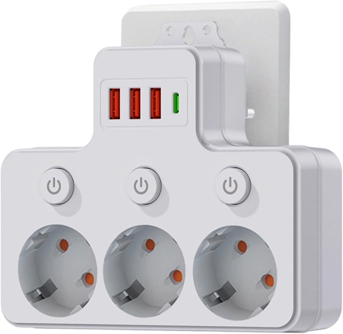 Stekkerdoos met 3 stopcontacten, meerdere aansluitgaten met schakelaar, wandmontage, met 3 USB-A-poorten + 1 USB-C-poort, geschikt voor kantoren, woningen, studentenkamers en werkplekken.