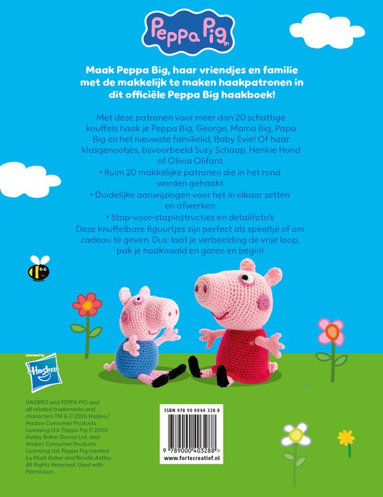 Peppa en George van Peppa Pig, gehaakt in roze met blauwe overalls en rode jurk.