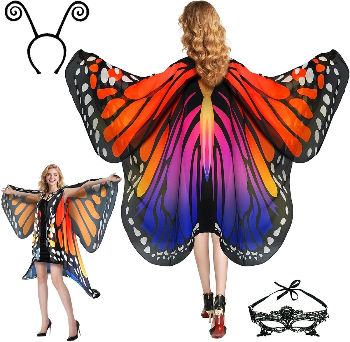 Vrouwelijk Vlinder Kostuum met Vleugels en Masker - Twee Fasen Carnavalsoutfit met Accessoires voor Feestjes en Thema-events