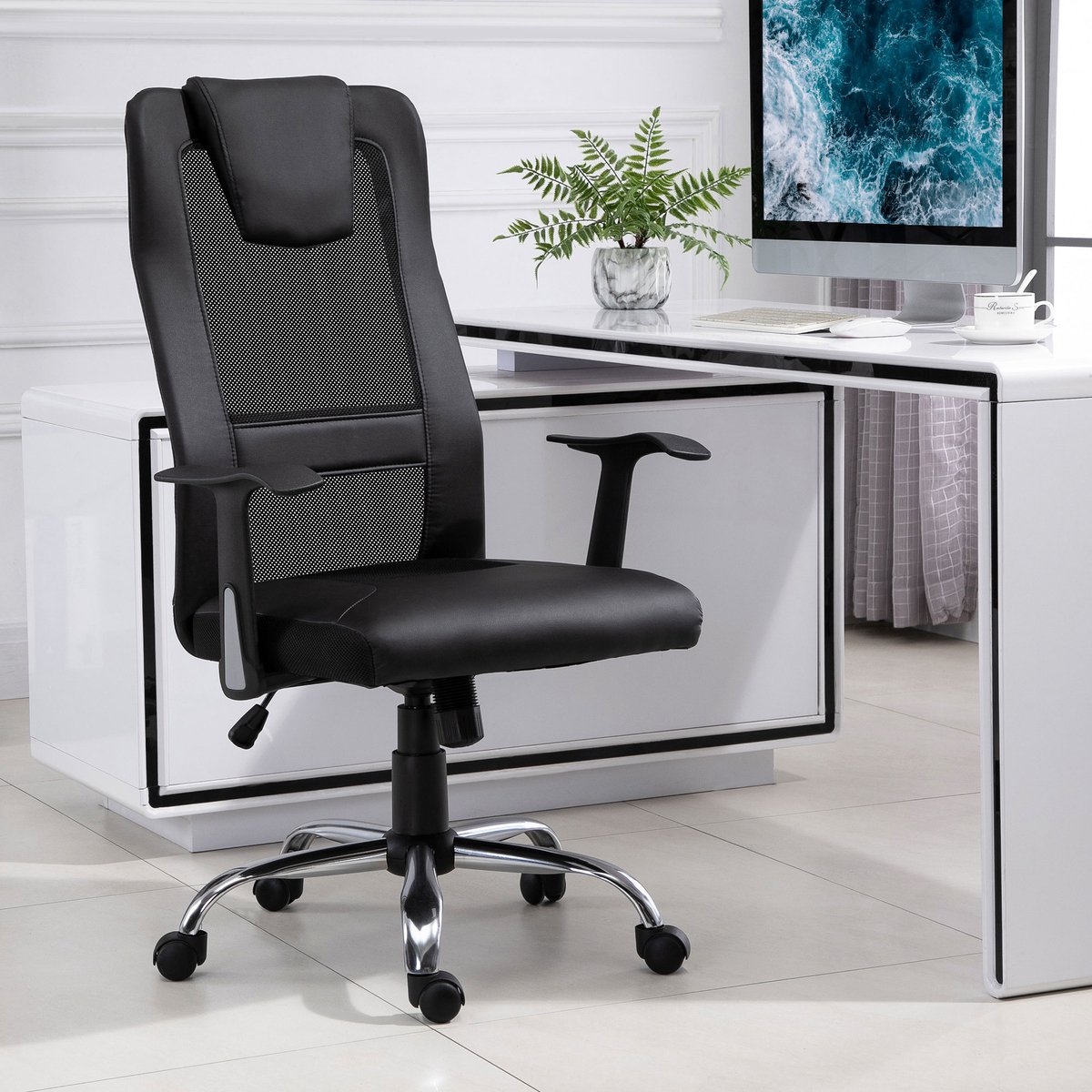 MIVRAY Bureaustoel 66 x 73 x 108-118 cm - Ergonomisch Met Wipfunctie En Armleuningen - Voor Kantoor - Kunstleer Zwart