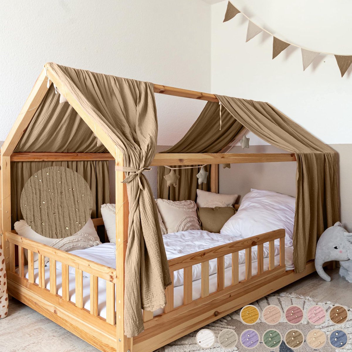 LILIMAUS Huisbed hemeltje met gouden details - bedhemel voor huisbed - 67,5 x 320 cm - mousseline katoen - donkerbeige