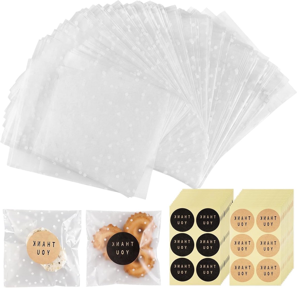 200 Stuks Doorzichtige Snoepzakjes met 204 Stickers, 10×10cm Zelfsluitende Cellofaanzakken voor Koekjes, Snoep, Traktaties en Geschenken