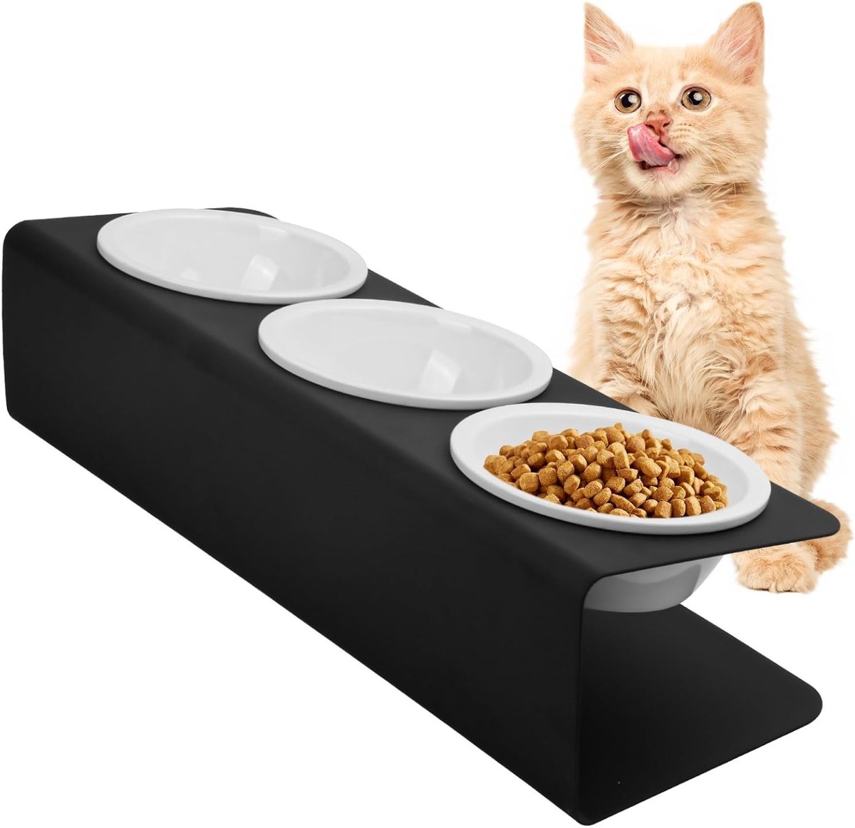 Verhoogde kattenvoeders met metalen standaard, 3 keramische voerbakken, anti-braak, stabiele honden- en kattenvoeders, ideaal voor comfortabel eten en drinken