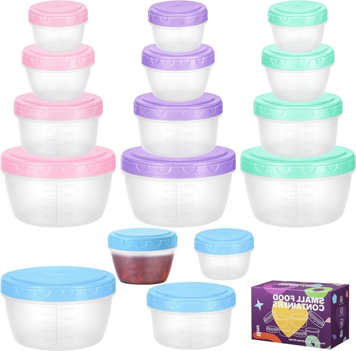 Plastic voedselcontainers met deksel - 16 stuks, luchtdicht, herbruikbaar, ideaal voor yoghurt, sauzen, magnetron en vriezer (4 kleuren)