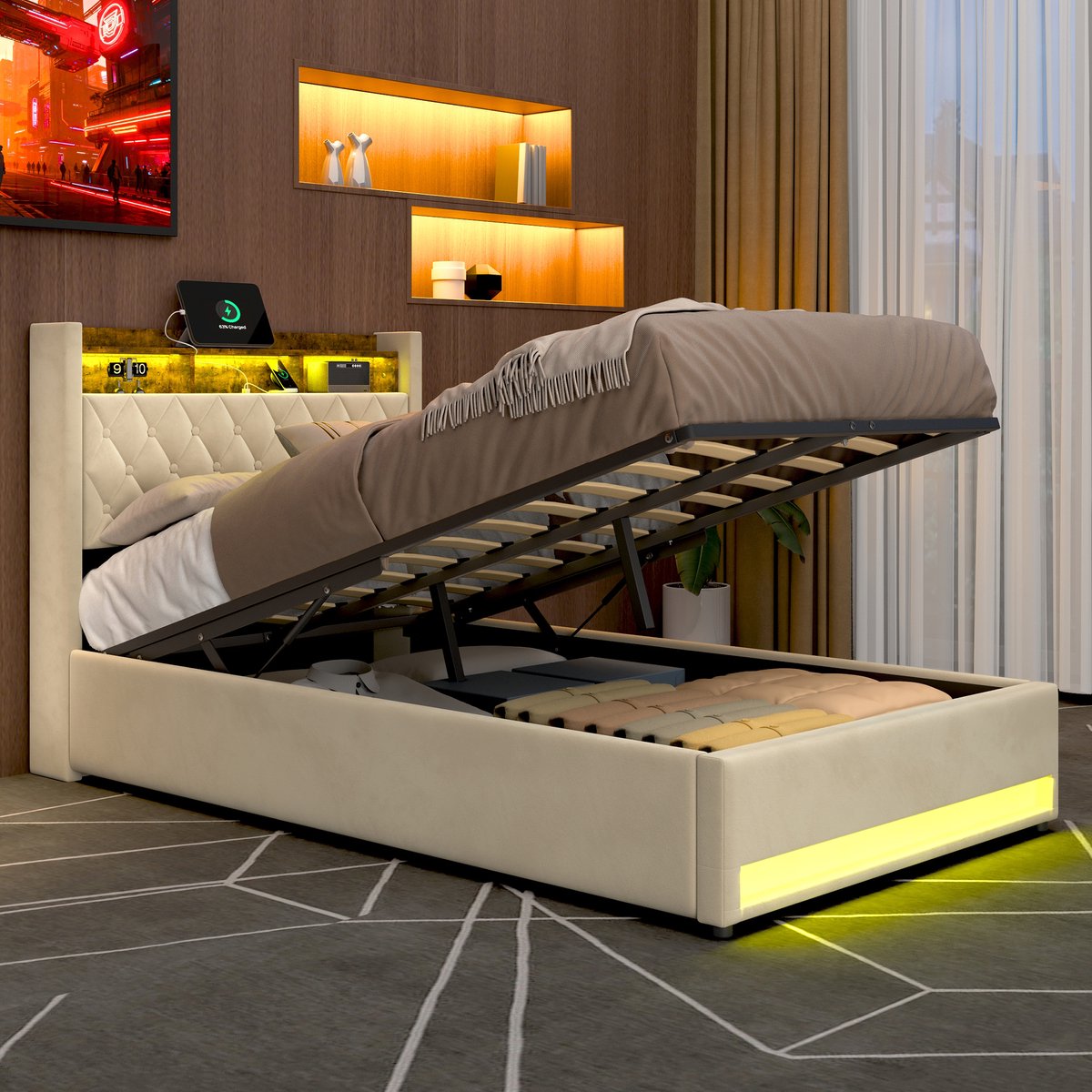REDOM Gestoffeerd Bed 140x190 cm – Premium bedframe met LED-lichtstrip & USB-poort – Stevig hout- en ijzerframe – Comfortabel ademend schuim – Modern bed voor slaapkamer – Beige