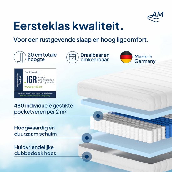 Matras met 20 cm totale hoogte, 480 pocketveren per m², gemaakt in Duitsland.