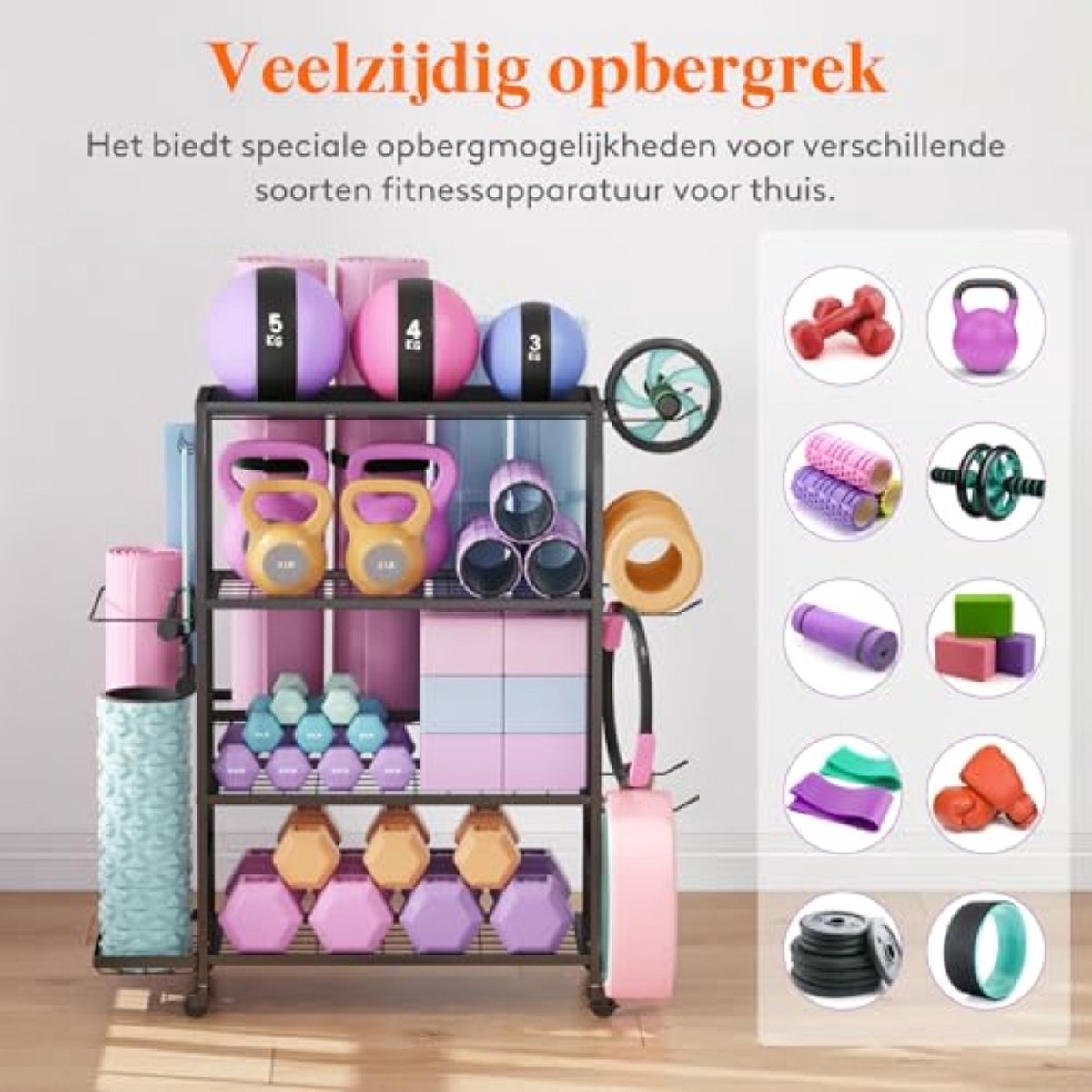 Yogamat Opbergrek - 4-laags Fitness Accessoires Organizer voor Halter, Kettlebell, Yogablok, Schuimrol - Verrijdbaar met Zwakwielen en Haken - Zwart – foto 6