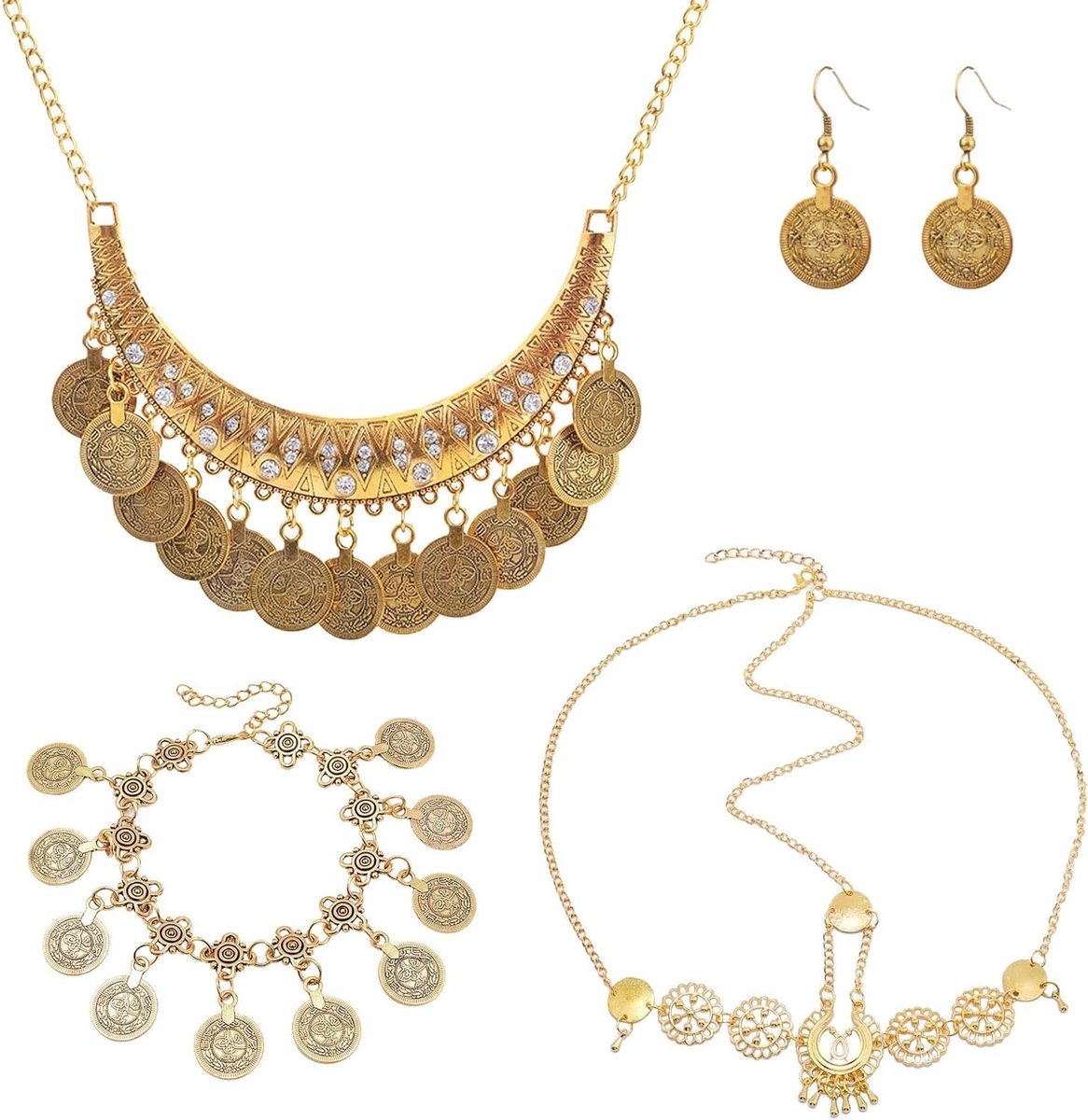 Bellydance kostuumset met sieraden, gouden hoofdkettingen, armbanden en oorbellen voor themafeesten en carnaval