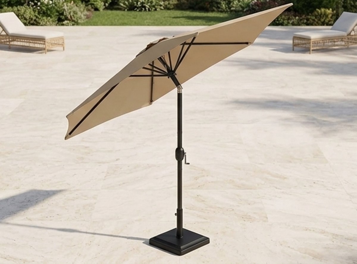 269 cm Tuinparasol met Zwengel en Kantelfunctie – UV-bescherming UPF 50+ – Ronde Terrasparasol voor Balkon, Tuin & Horeca – Lichtbruin – Mobili Bella