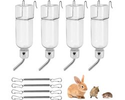Verpakking van 4 drinkflessen voor konijnen met houder: 350 ml hangende waterflessen voor huisdieren, automatische drinkfles met houder, drinkfles voor cavia's voor konijnen, hamsters en chinchilla's