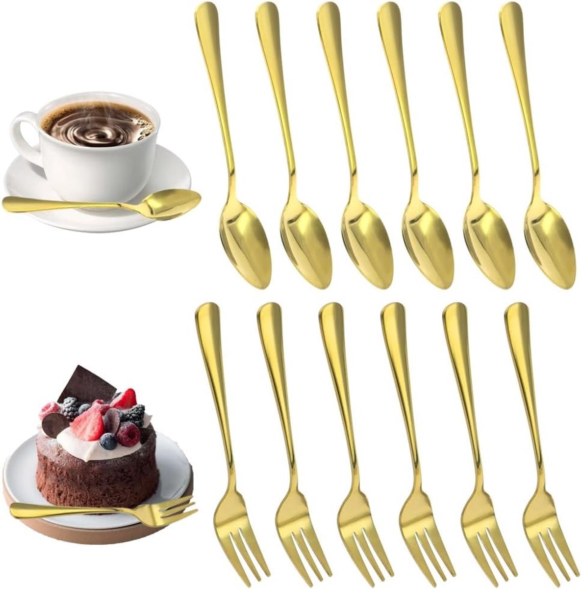 Set van 24 dessertlepels en -vorken van roestvrij staal, gouden koffielepels en taartvorken, vaatwasserbestendig en duurzaam