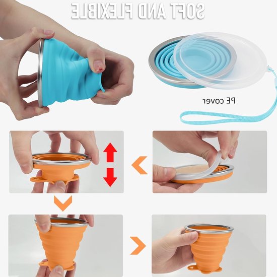 Folding Silicone Cup 4 Pack BPA Free- Collapsible Travel Mugs with Sealing Lid - Reusable Portable Cup Set for Camping - Silicone Cups for Picnic Hiking Outdoor Travel Silicone Foldable Cup — afbeelding 3