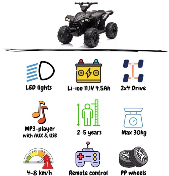 Zwarte kinderquad met LED-verlichting en robuuste wielen. Specificaties zoals batterij, aandrijving en leeftijd worden getoond.