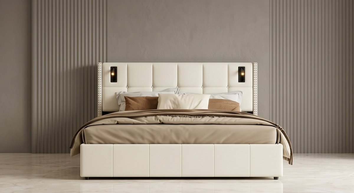 Luxe Gestoffeerd Tweepersoonsbed 140x200 cm met Opbergruimte & Hydraulisch Liftmechanisme 