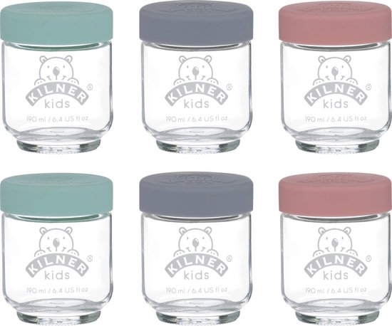 Set de 6 bocaux en verre pour bébé avec couvercle en silicone 190ml