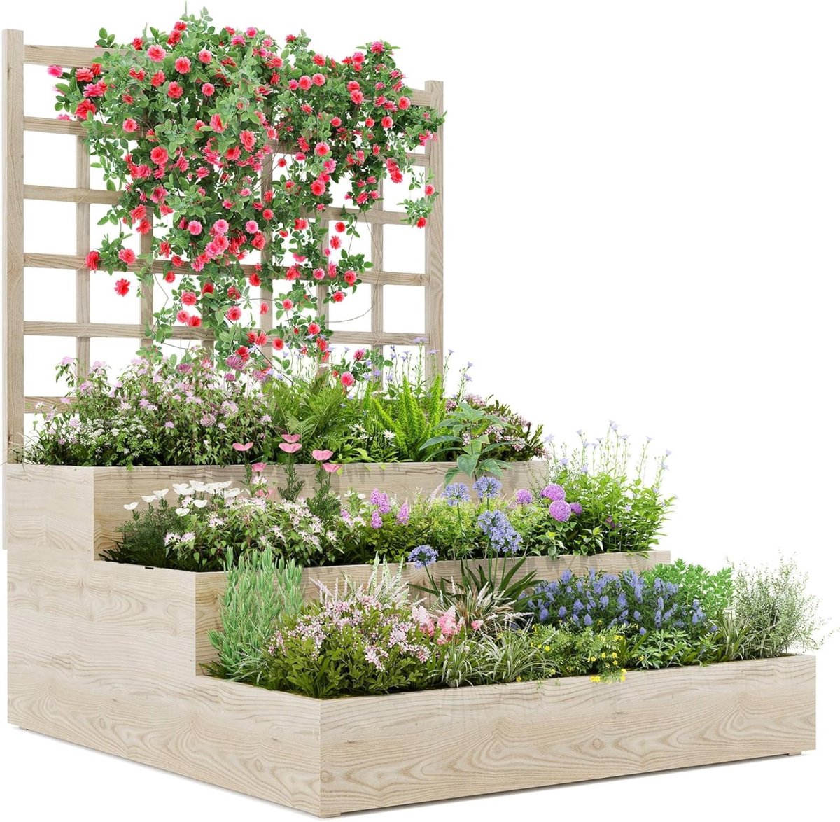 Verhoogde Plantenbak met 3 Niveaus en Trellis - Houten Moestuinbak op Wielen - Verticaal Plantenrek voor Klimplanten, Groenten & Kruiden - Met Opbergruimte - Natuurlijk Massief Hout - 112 x 115 x 115 cm