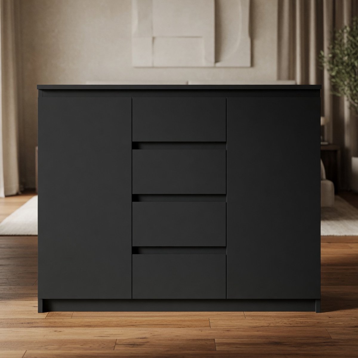Mat Zwart Dressoir – Modern Opbergkast met 2 Deuren en 4 Laden – IDEA Design Cabinet – 109 cm Breed – Stijlvolle Sideboard voor Woonkamer, Eetkamer of Hal Mobili Bella