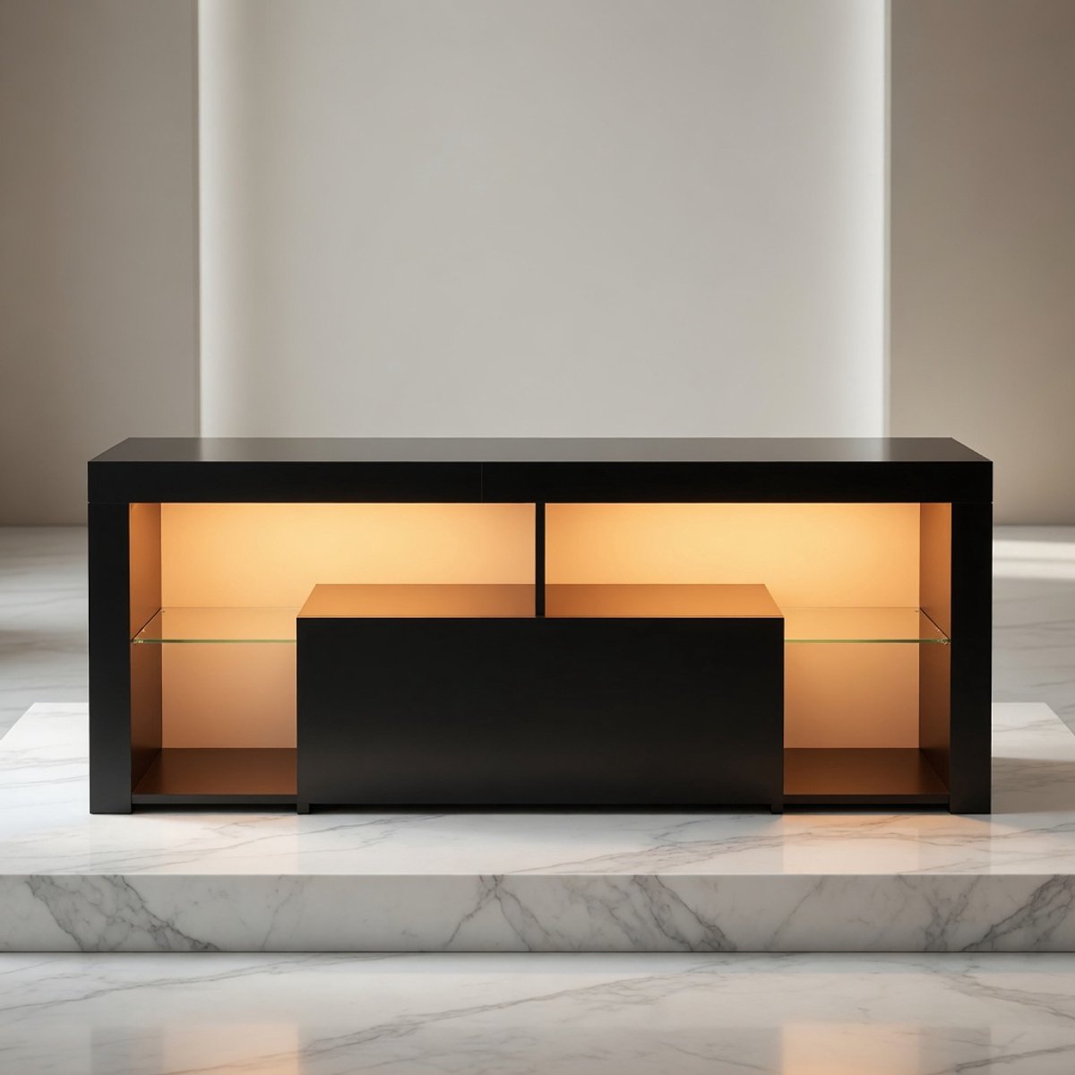 Modern TV-Meubel 140 cm – Mat Zwart TV Dressoir met Glazen Planken & Soft-Close Lade – Lowboard voor TV tot 65 inch – Woonkamer TV Kast – Gaming & Entertainment MeubelMobili Bella