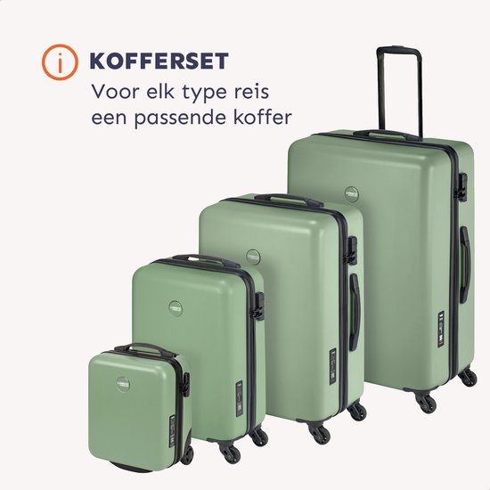 Vier lichtgroene koffers van klein naar groot, met uitschuifbare handvatten en wieltjes.