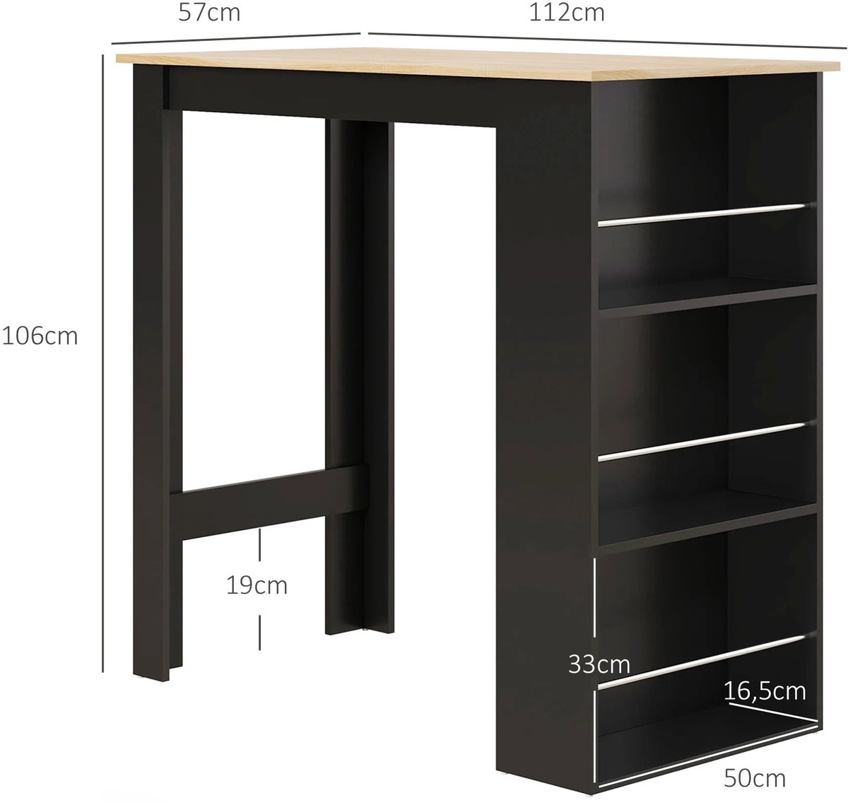 Roossentials bartafel - Hoge keukentafel - Sta tafel - Bar voor keuken - Keukeneiland - Met 3 planken - Zwart - Hout - Moderne stijl
