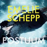 Een vrouw dobbert onder water in een zwembad, gekleed in een donkere jurk. De titel 'POSTUUM' staat groot in witte letters op de voorgrond.