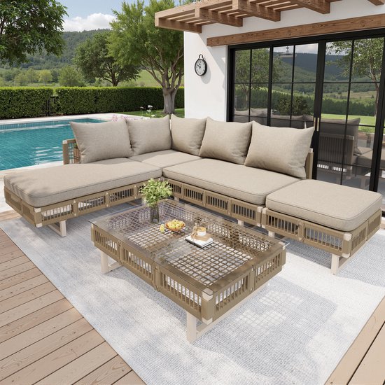 Gutent Loungesets - Modulair Set - Gevlochten Touw - Verstelbare Poten - 10cm Dikke Kussens - Glazen Salontafel - Weerbestendig - Voor Terras Balkon Zwembad - Beige Groen