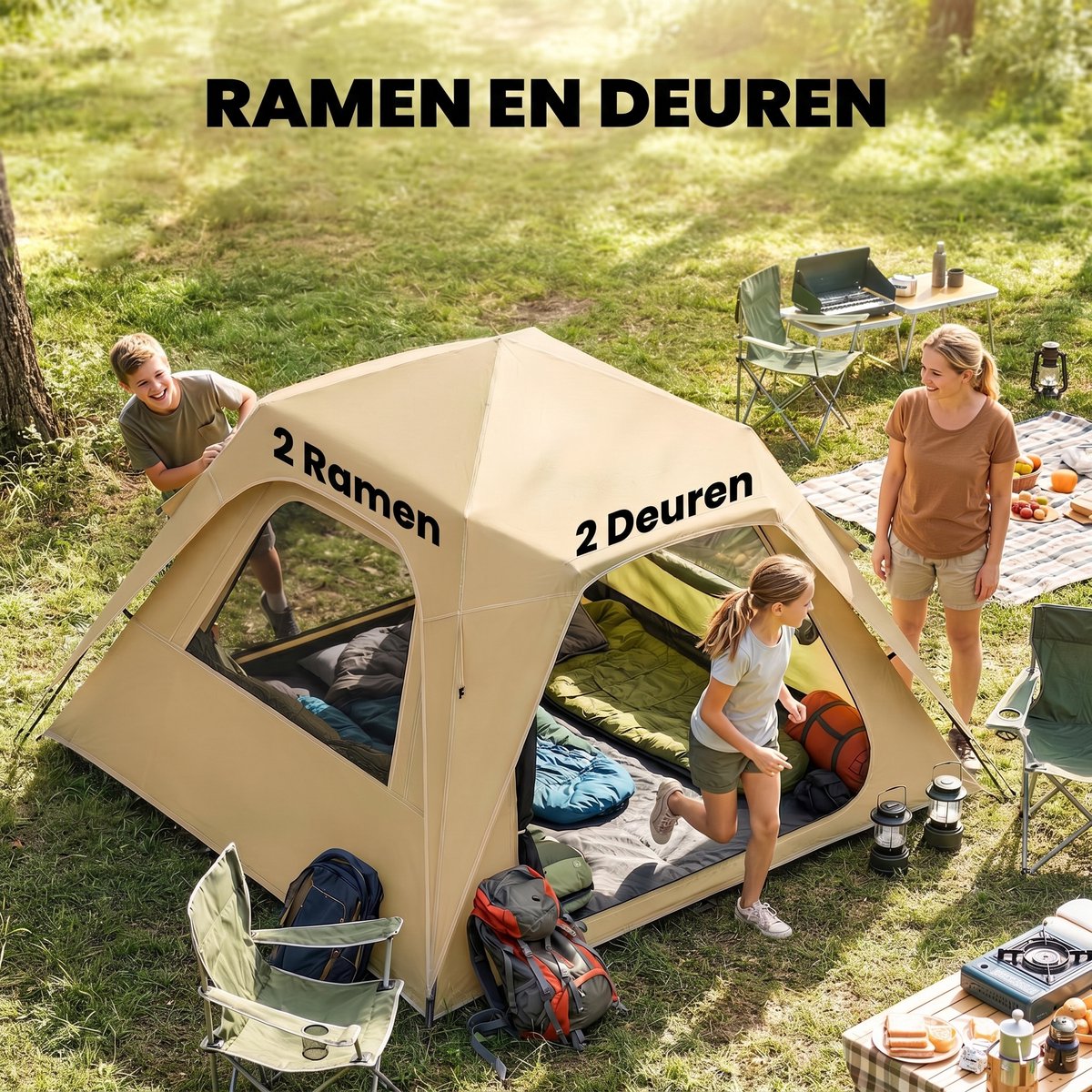 Familietent - 2-3Personen - Kampeertent - Camping Tent - Inclusief waterdichte regenhoes (3000 mm) en opbergtas - Snel Opzetbaa - Voor Camping & Outdoor - UV-bestendig - 240x240x160cm - Khaki – foto 3