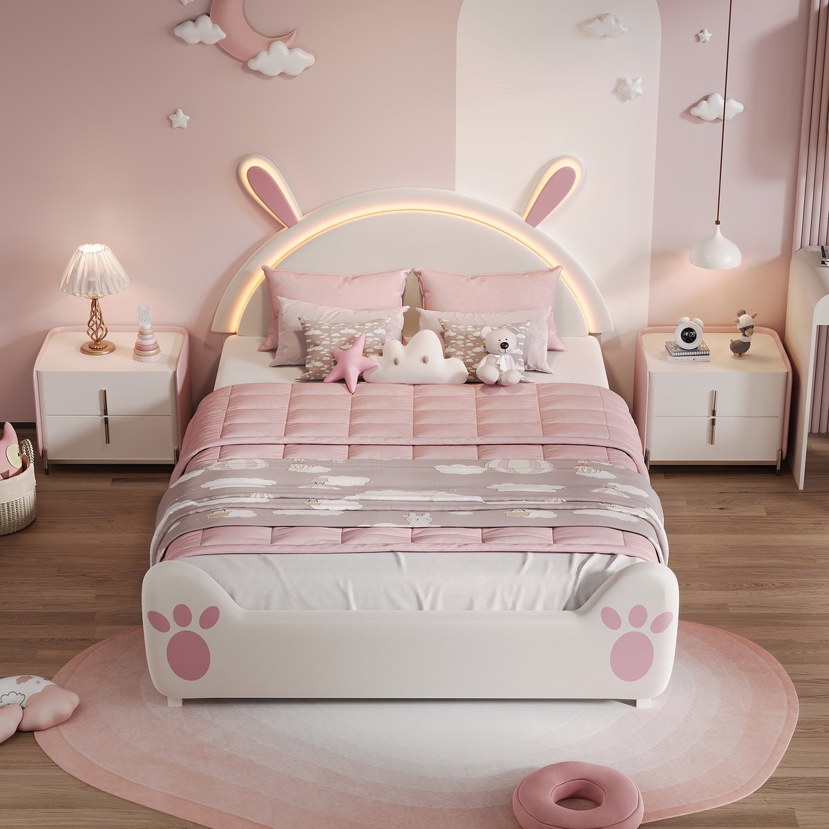 Kinderbed met ledverlichting, 140x200 cm, hoofdbord in de vorm van een cartoonkonijn, tweepersoonsbed voor meisjeskamer, bedframe, fluweel, roze (exclusief matras)