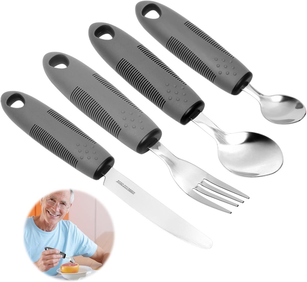 Ergonomisch 4-delig bestek voor senioren en gehandicapten, antislip handgrepen, roestvrij staal, vaatwasmachinebestendig, eethulpmiddelen voor Parkinson en mobiliteitsproblemen