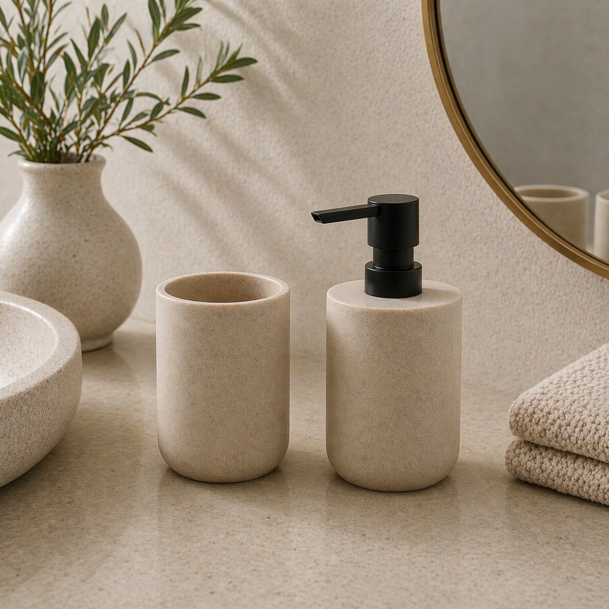 By Viento Luxe Badkamer Set – Zeepdispenser 400ml & Tandenborstelhouder – Graniet Look – Polyresin – Beige/Zwart