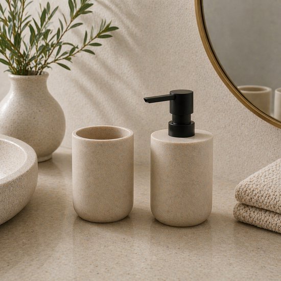 By Viento Luxe Badkamer Set – Zeepdispenser 400ml & Tandenborstelhouder – Graniet Look – Polyresin – Beige/Zwart