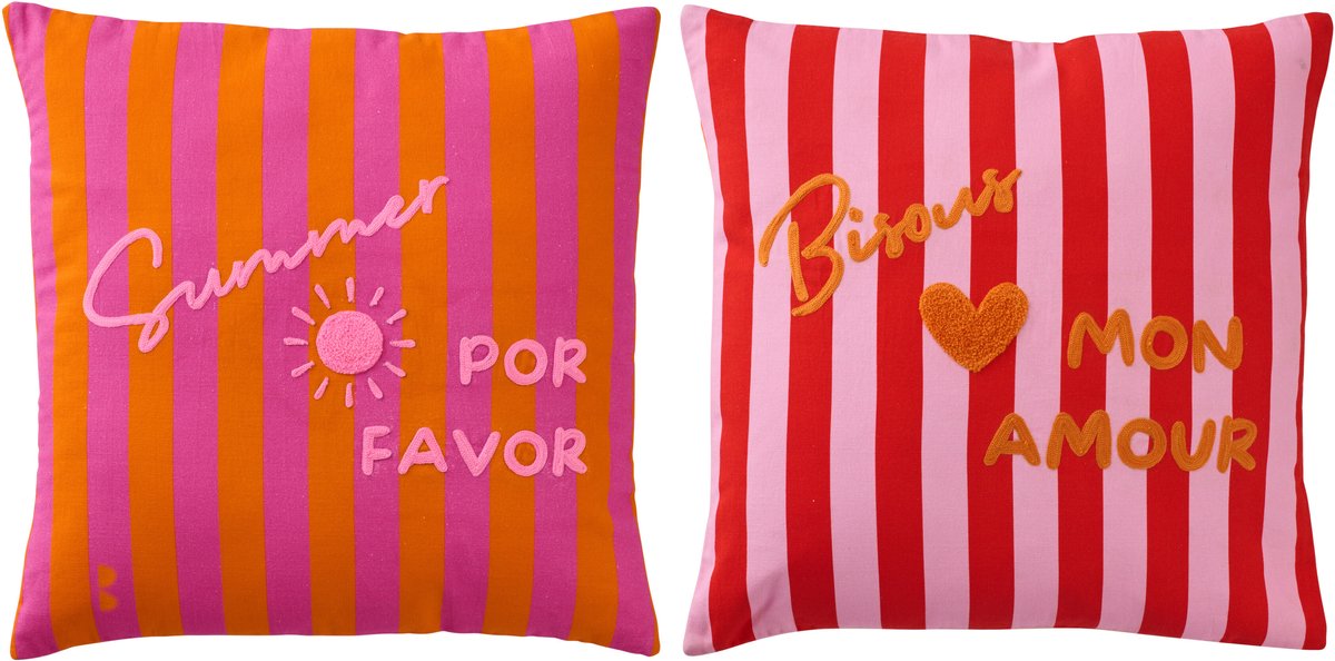 J-Line kussen Summer + Bisous Gestreept - katoen - mix - set van 2 Multi
