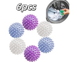 6 stuks Droogballen voor de was - Herbruikbaar - Kreukvrije wasballen - Pluisverwijderende ballen - 6 x 6 cm - Geschikt voor wasmachines en drogers, kan wasverzachter vervangen, voorkomt kreukels en verwijdert dierenharen - Blauw, paars, wit