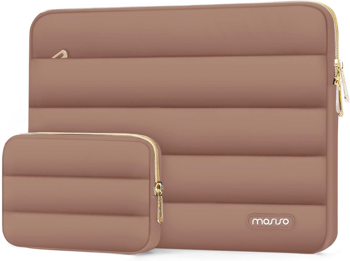 MOSISO Laptophoes tas 15-15,6 inch, 16 inch, Puffy laptoptas, compatibel met MacBook Air 15/Pro 16, Lenovo HP Dell ASUS Acer notebook, polyester horizontale tas met klein etui, mokka