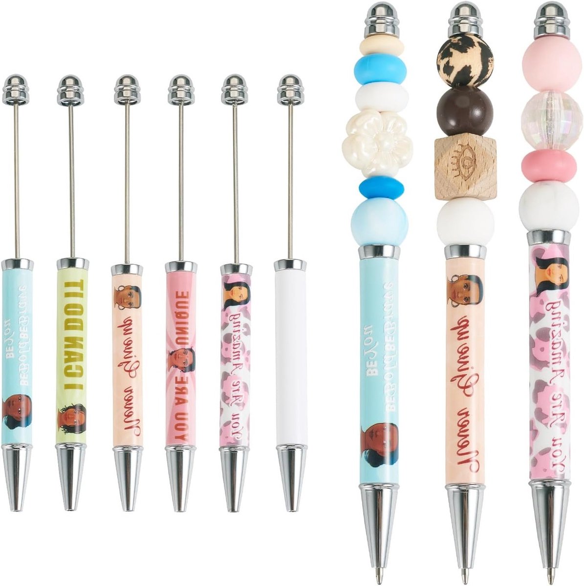 DIY Balpen Set met 6 Stuks, Gekleurde Bead Pens voor Creatieve Pen Decoraties en Kantoorbenodigdheden, Zwarte Inkt Ballpoint Pens met Patronen