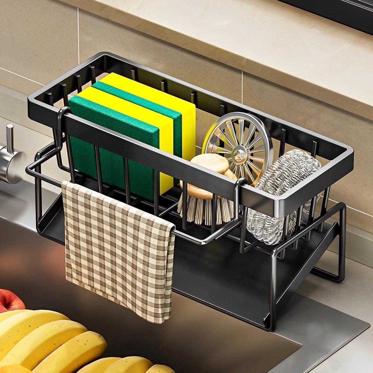 Keuken Organizer van RVS, Sponshouder voor de Gootsteen, Caddy met Tray en Handdoekhouder voor Efficiënte Opslag in Keuken en Badkamer