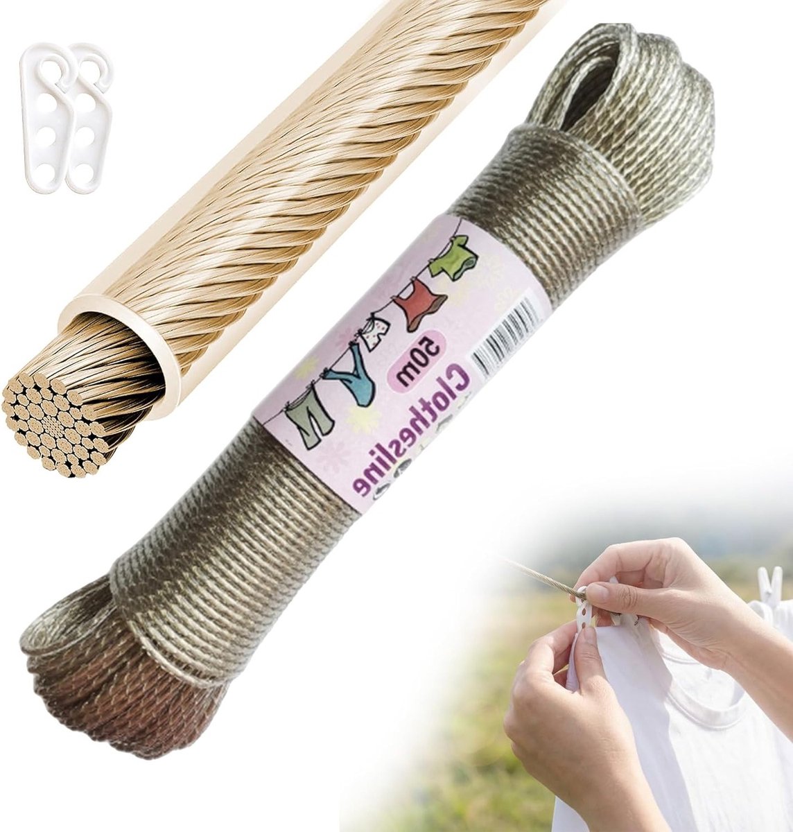 Extra sterke waslijn van 50 meter met stalen kern voor buitengebruik - waterdichte en roestvrije touw met een draagvermogen van 150 kg, ideaal voor de tuin en buitenactiviteiten