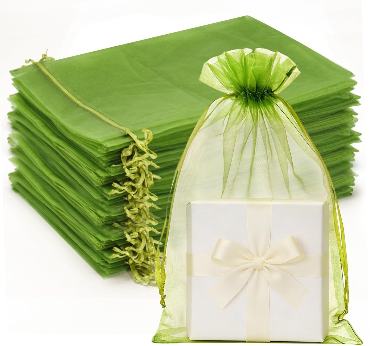 Dailygoody - G2PLUS Salie groene organzazakjes - Cadeauverpakking - Groot formaat - 50 stuks - Trekkoord - Bruiloft en feest