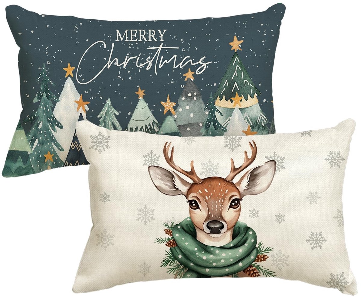 Dailygoods - Dailygoody - Kussenslopen - Kerst - Set van 2 - 30 x 50 cm - Rendier en sneeuwvlokken - Perfect voor woonkamer en slaapkamer