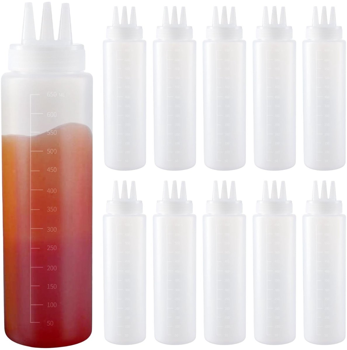 Dailygoods - Dailygoody - Knijpfles - 3-gaats - Herbruikbaar - 650 ml - Voor Sauzen - Set van 10 Stuks - Geschikt voor Ketchup en Dressing