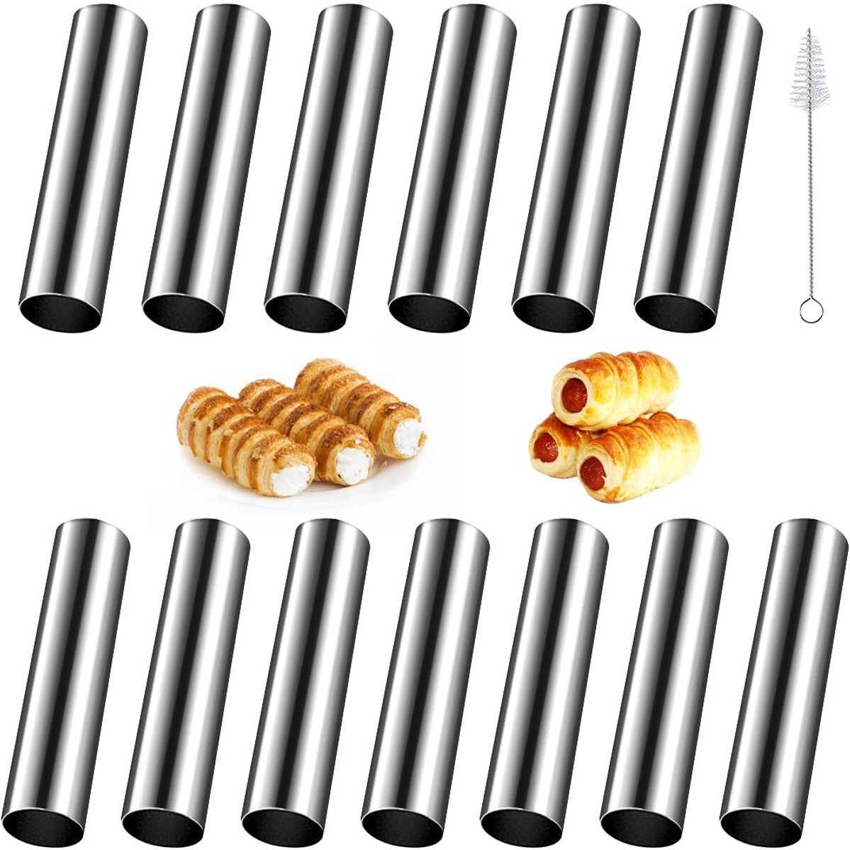 Dailygoody - 15 stuks vormen voor cannoli - Roestvrij staal - Antiaanbaklaag - Zilver - Bakvormen voor croissants - Geschikt voor bruiloftsgebak